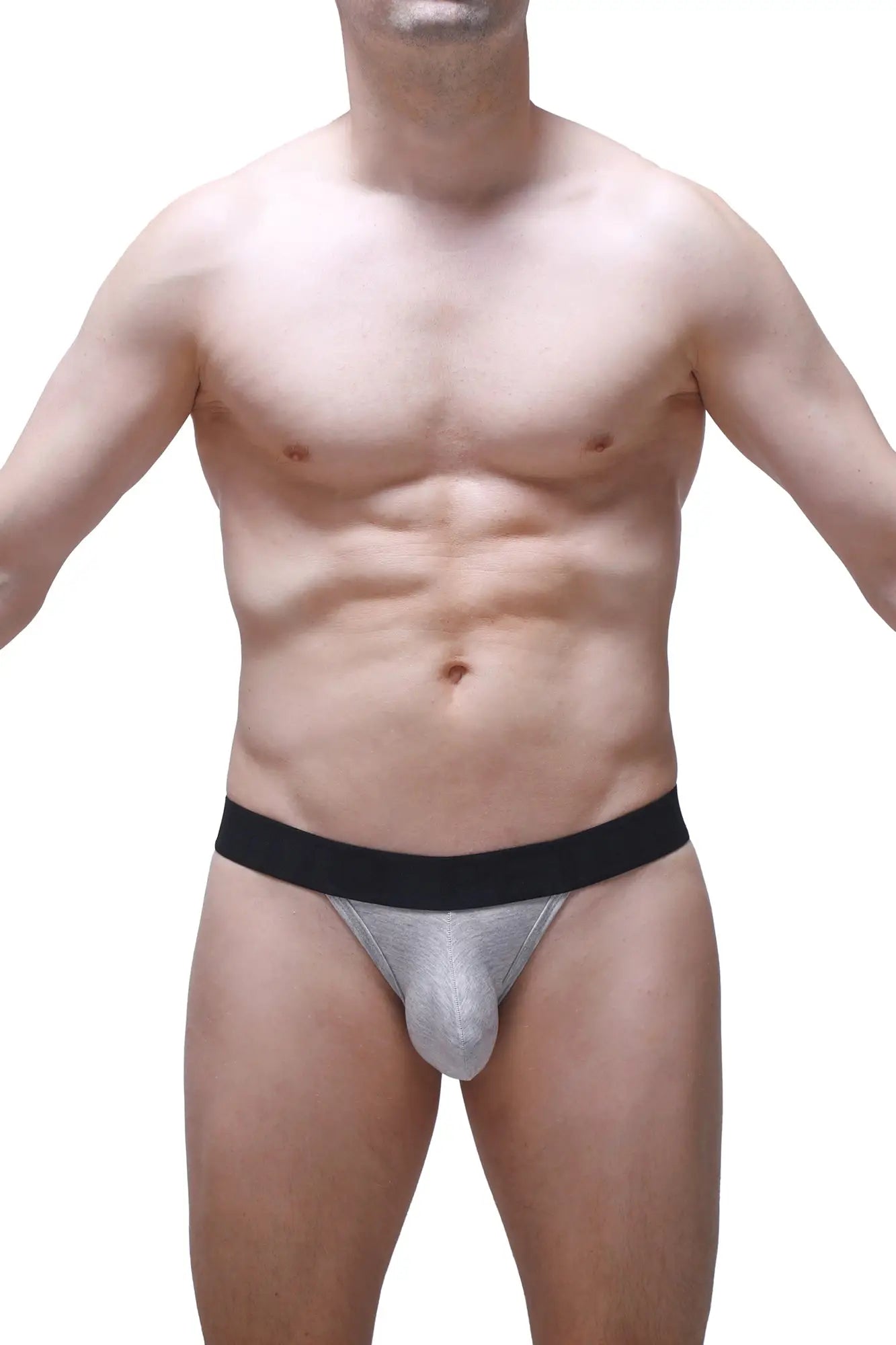 Petitq g-string attin gray in silver metallic briefs with black waistband shown from the front