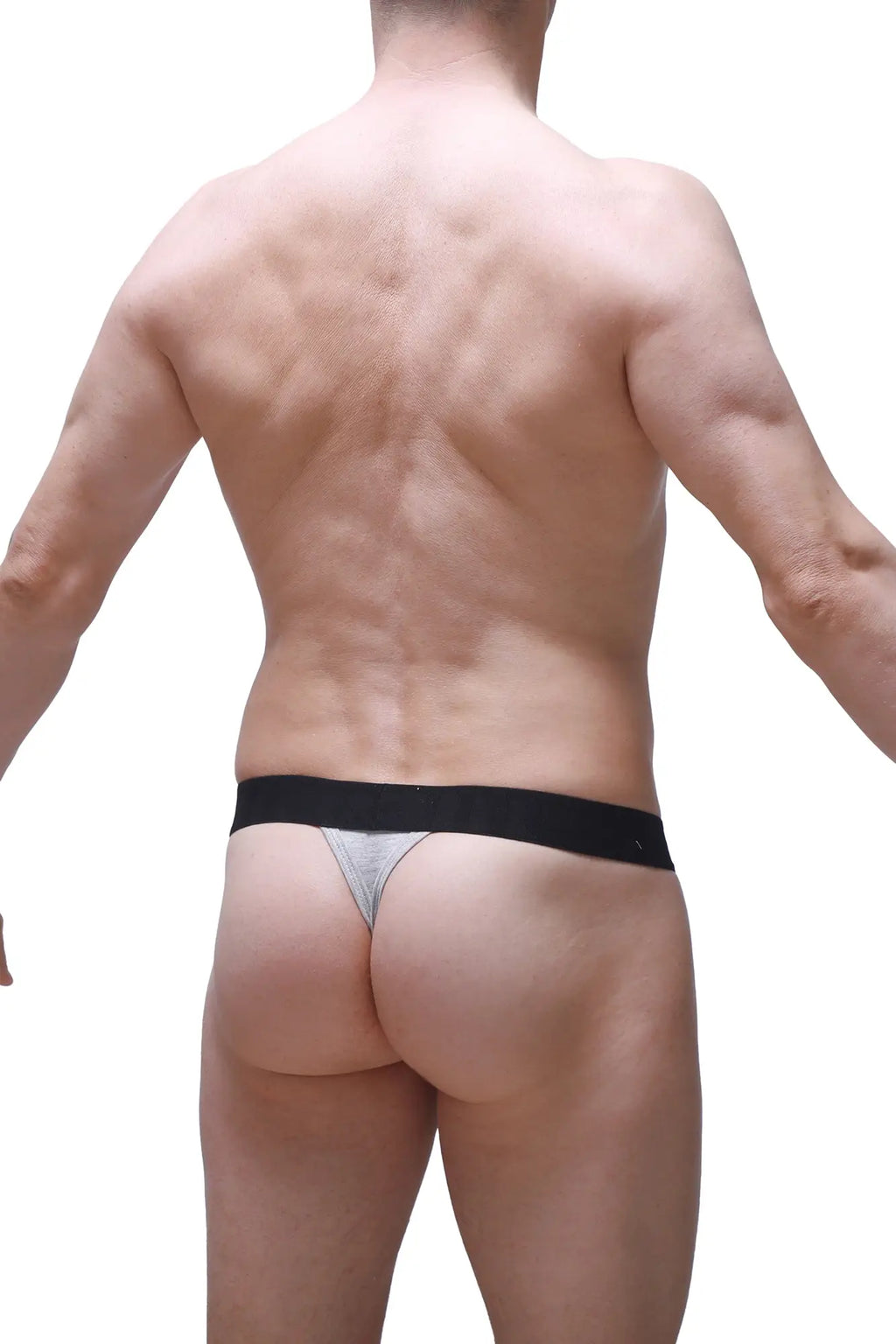 Silver thong g-string with black waistband by petitq in attin gray featuring metallic fabric and minimal coverage