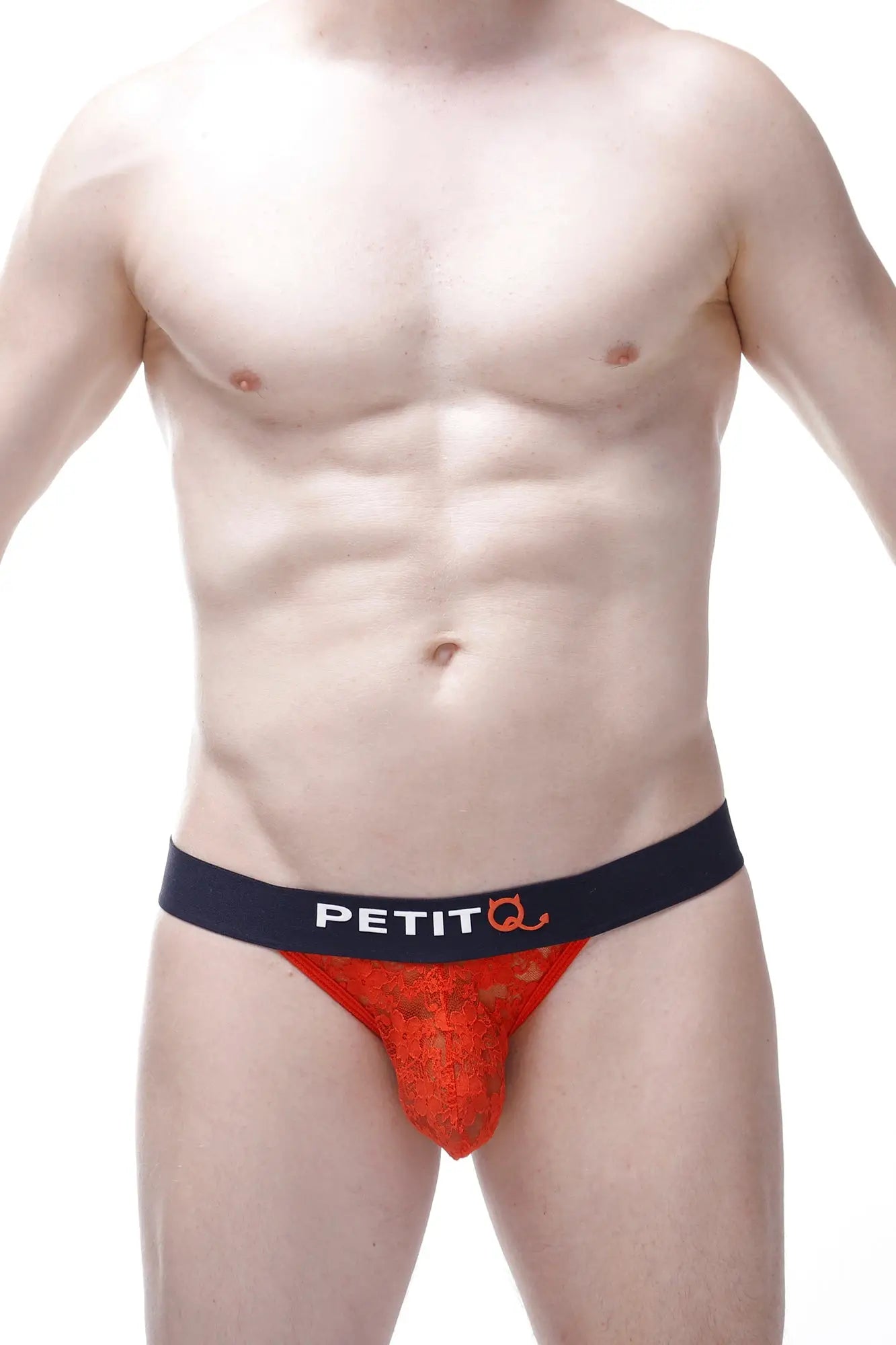 Red lace men’s briefs with a black petitq logo waistband from the aubiat lace red collection