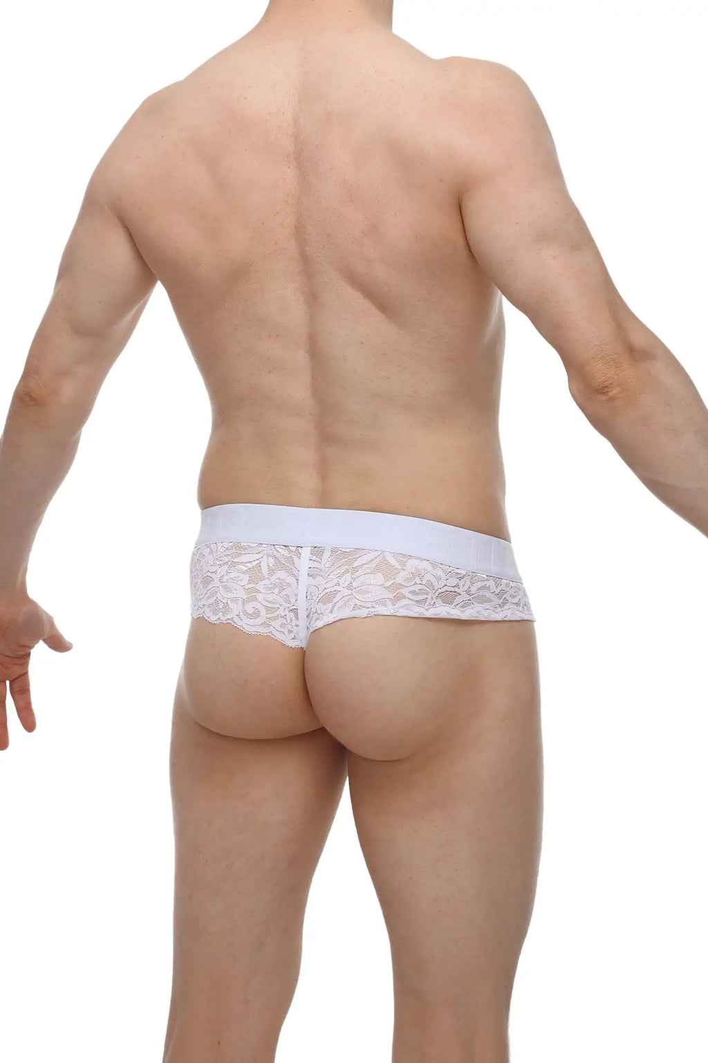 White lace thong with a solid white waistband petitq g-string blécourt white showing front side