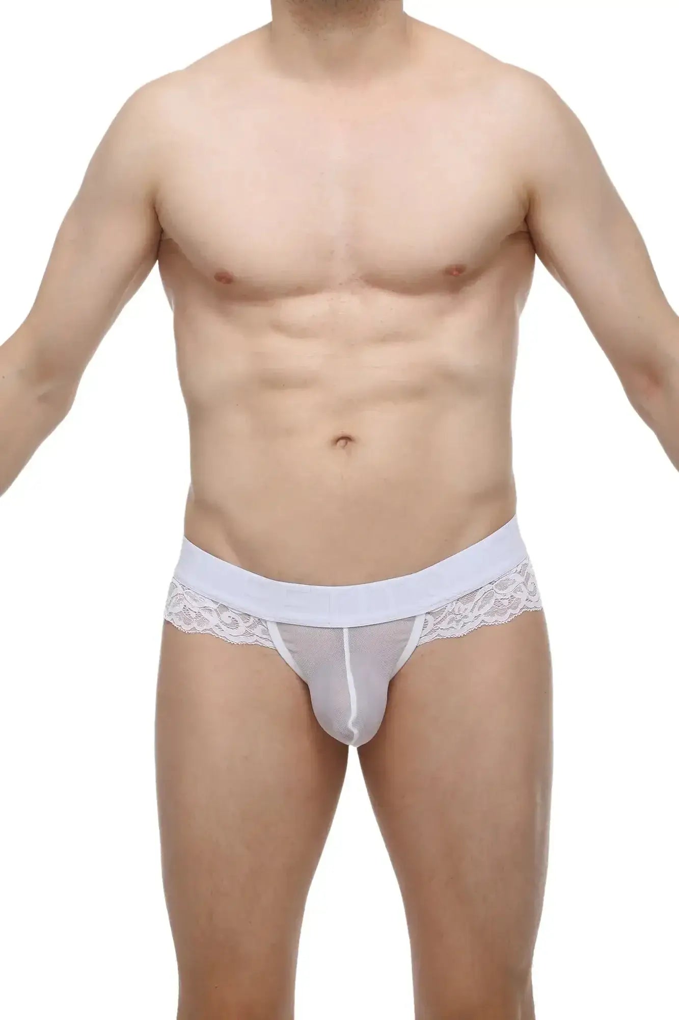 Petitq g-string blécourt white white lace-trimmed mesh briefs with a solid white waistband front view