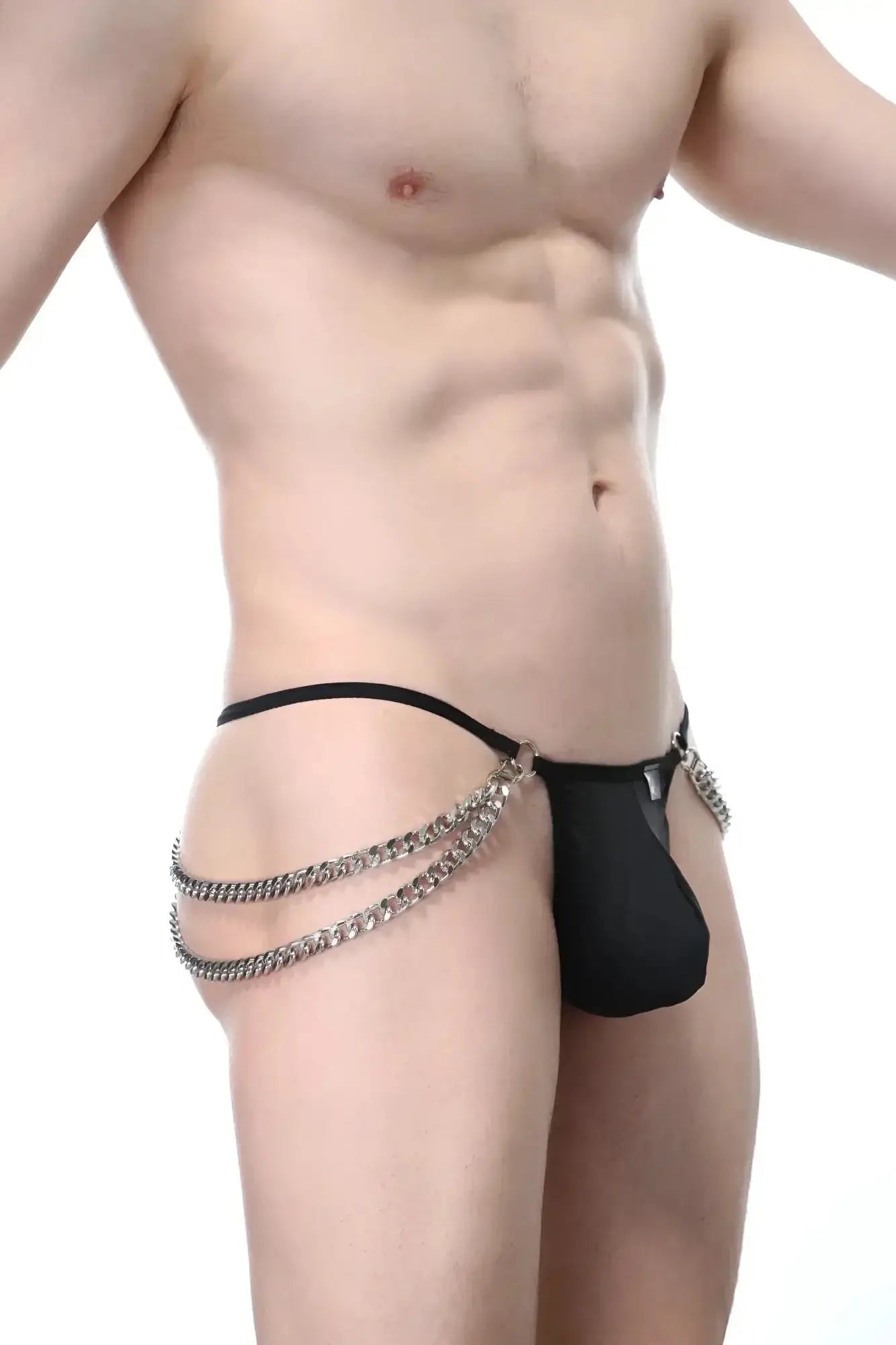Black mesh thong with silver chain detailing by PetitQ G-string Chains Seiya shown from the back side
