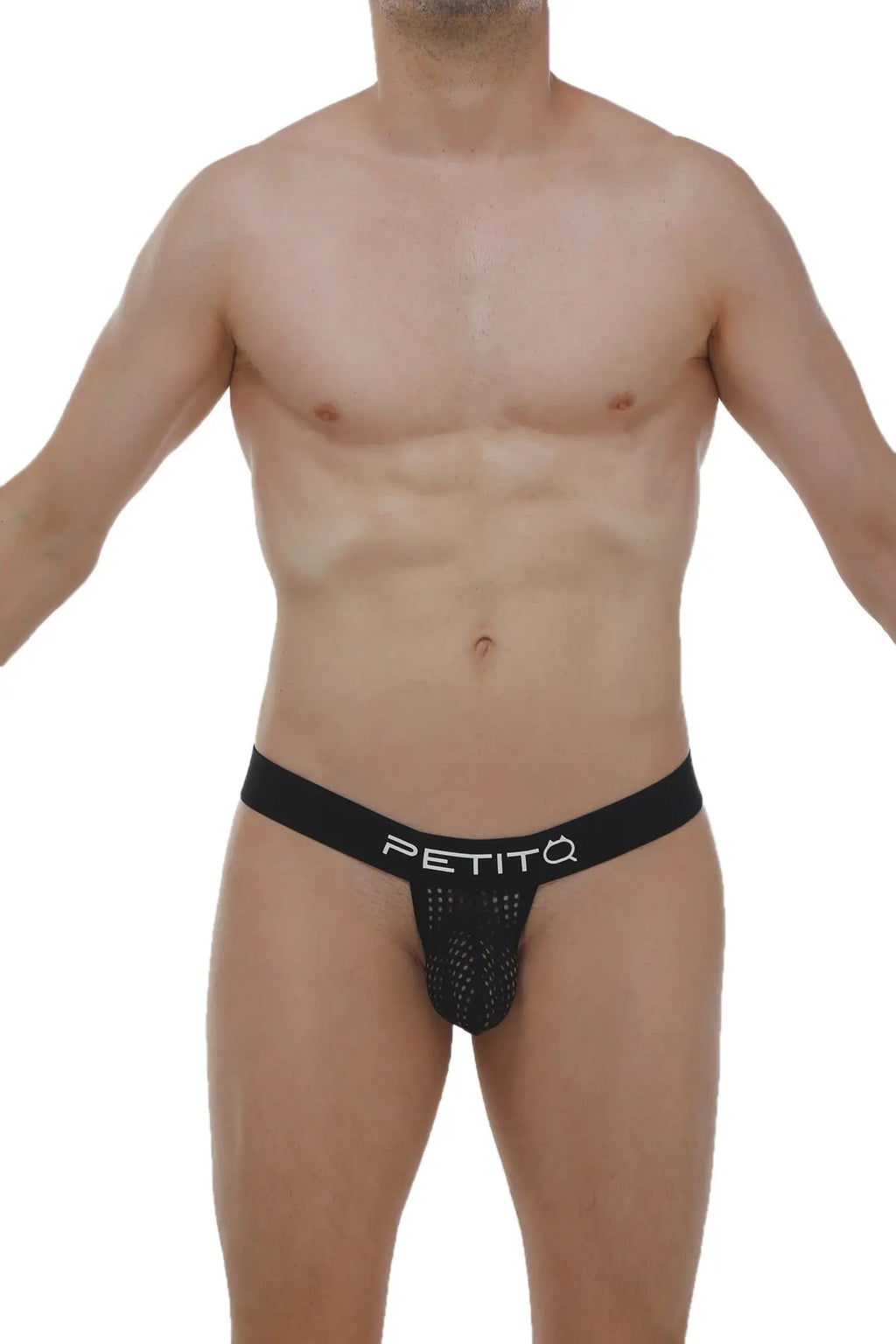 Black mesh petitq g-string chanac durtol briefs with solid black waistband and white petitq logo