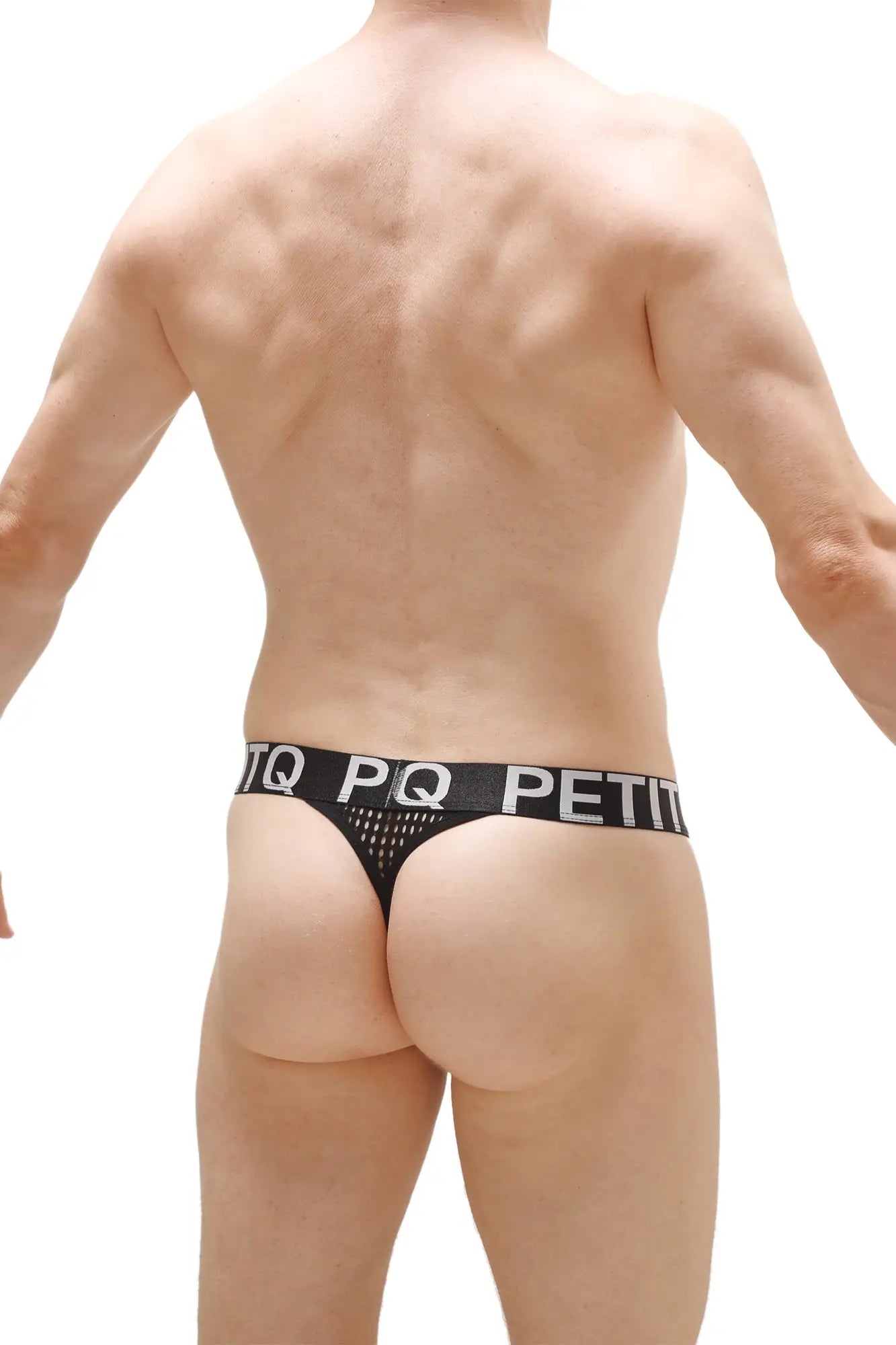 Black mesh thong g-string with solid black waistband and white pq petit text from PetitQ Chanac Durtol Black collection
