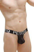Black mesh thong g-string with wide elastic waistband featuring the petitq logo in white lettering front view