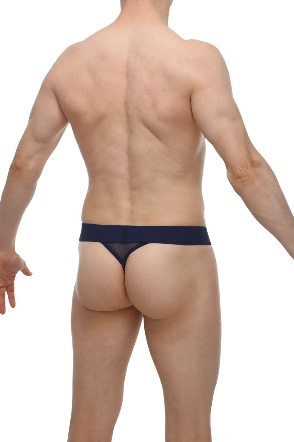 Navy blue mesh thong with a solid waistband from PetitQ G-string Chanac Net product line front view
