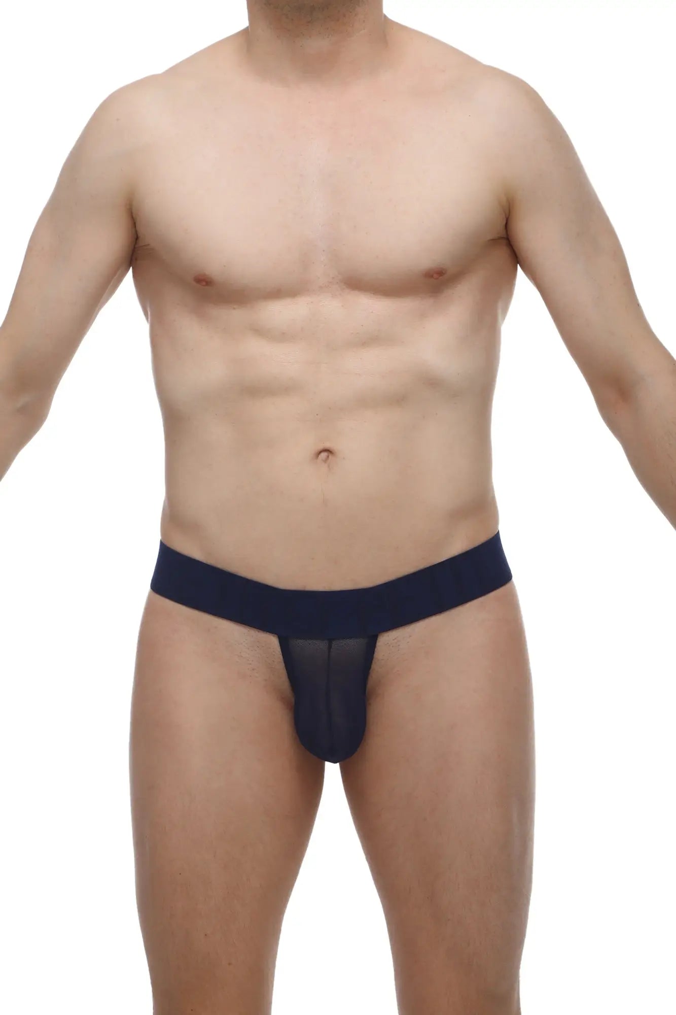 Navy blue mesh thong with solid waistband petitq g-string chanac net showing front product view