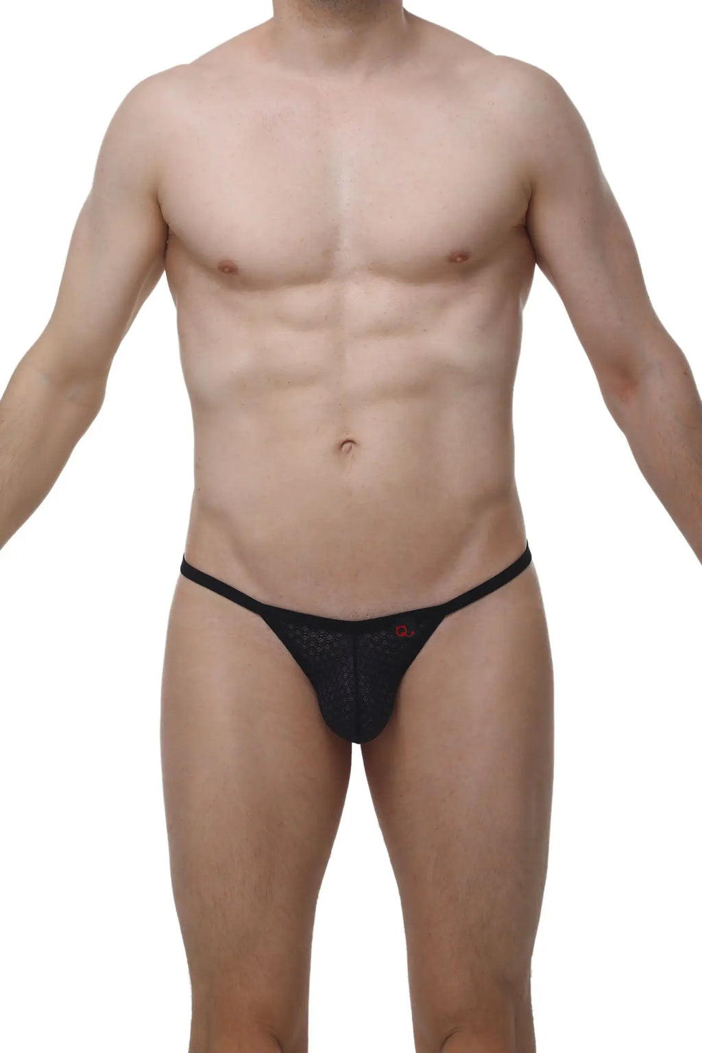 Black mesh thong petitq g-string chely macra black with a small red logo on the front