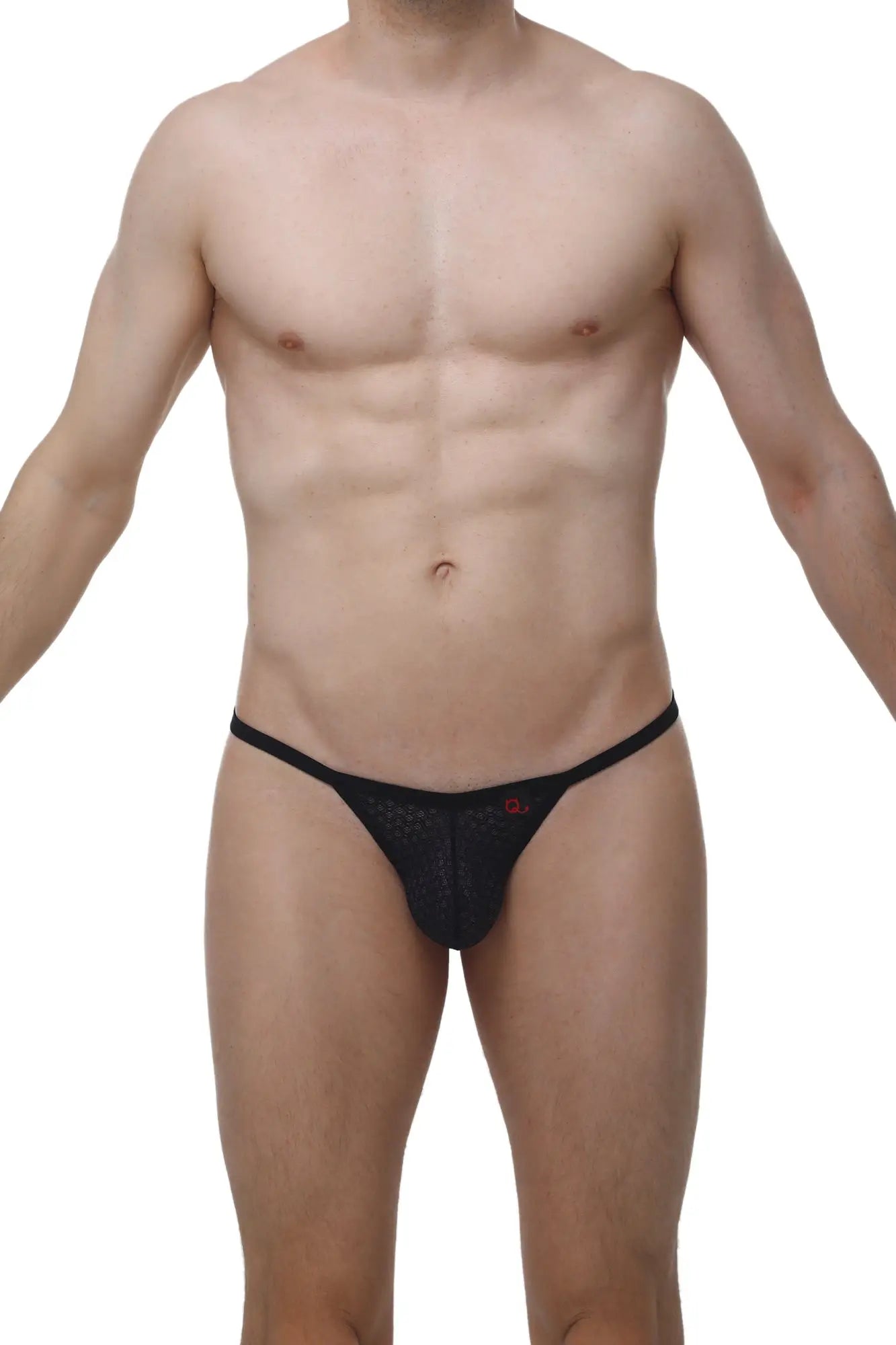 Black mesh thong petitq g-string chely macra black with a small red logo on the front
