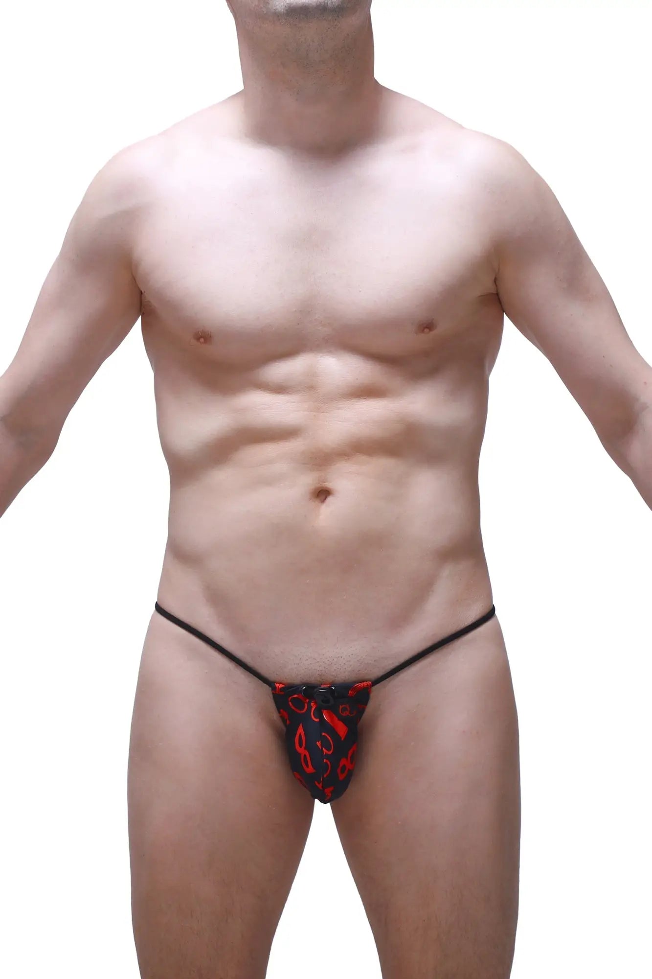 Black PetitQ G-string cocksak boudoir thong with red chili pepper pattern for bold intimate wear