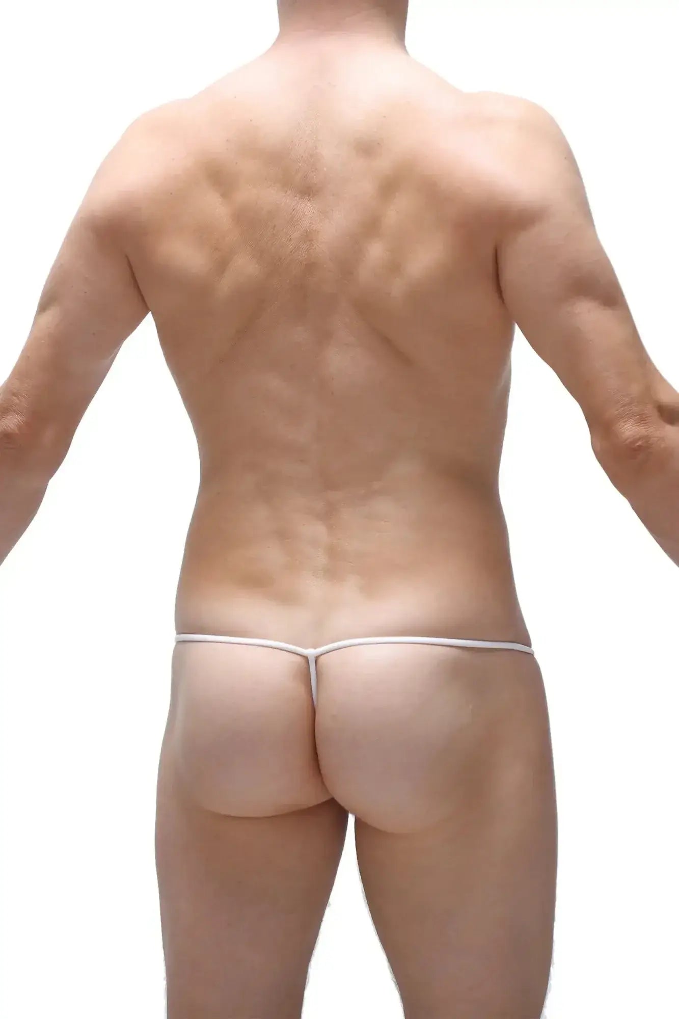 White thong with thin seamless elastic band front view from petitq g-string cocksak carlot blue collection