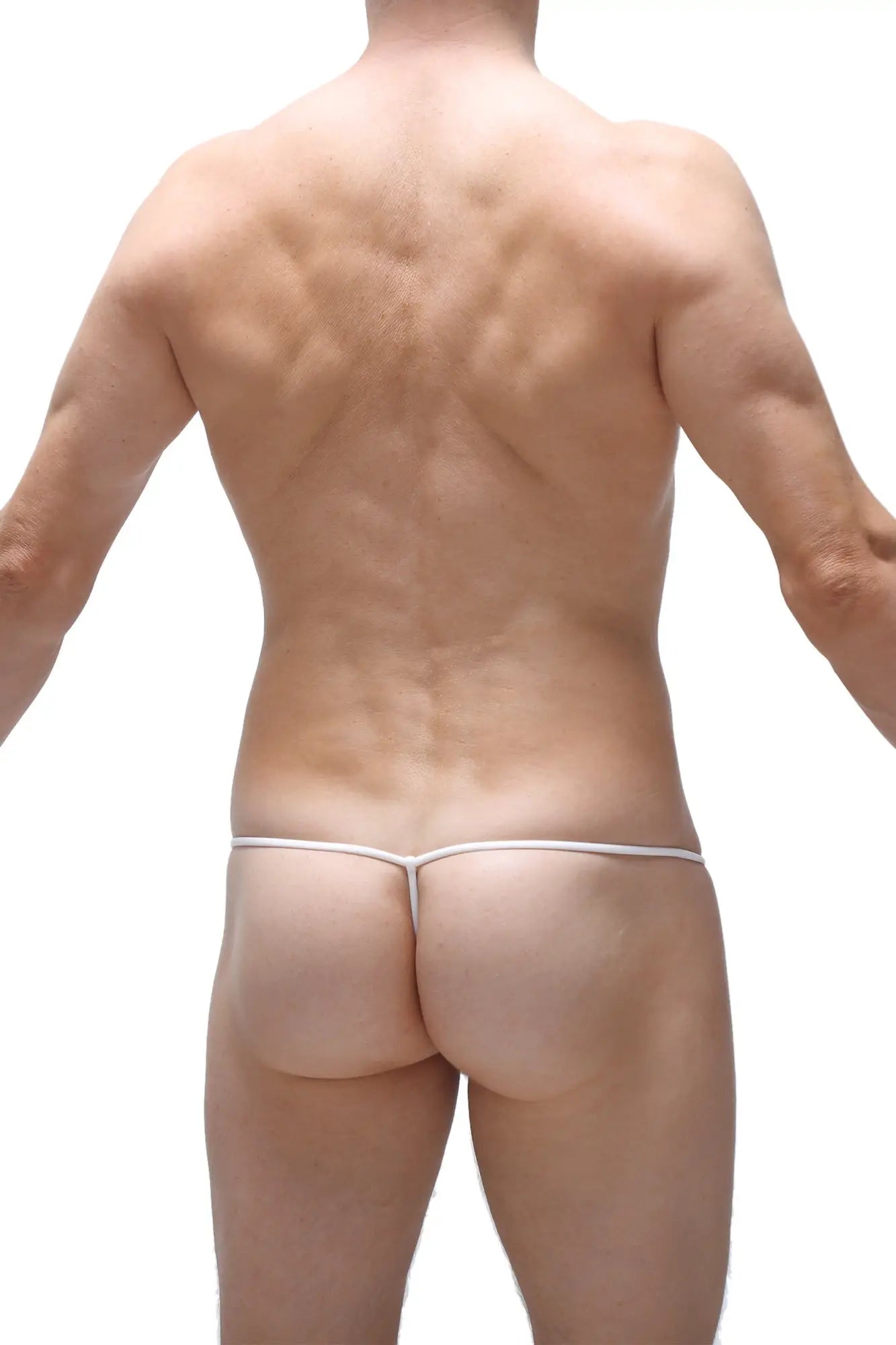 White thong with thin seamless elastic band front view from petitq g-string cocksak carlot blue collection