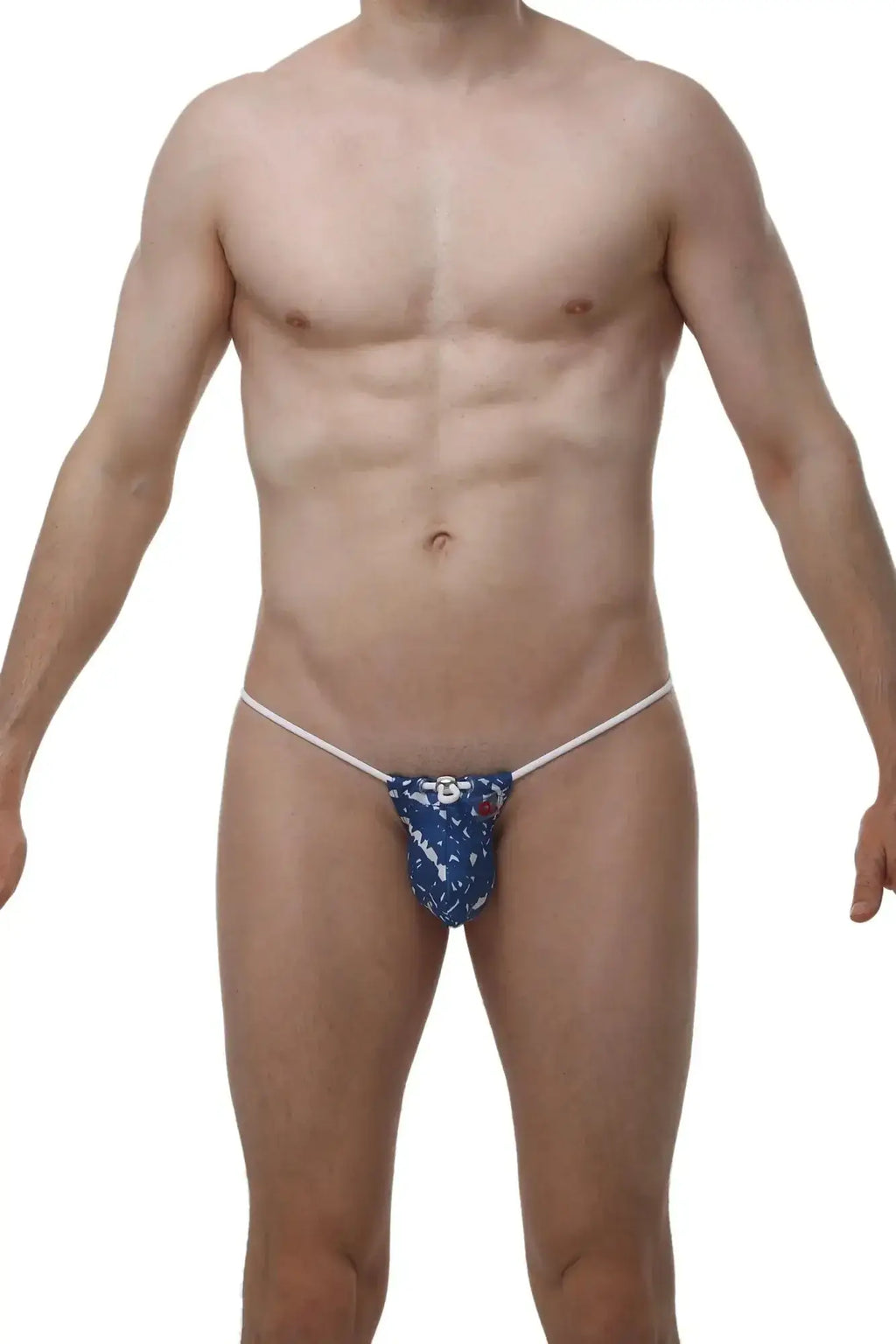 Blue patterned denim thong with white elastic waistband by petitq shown from the back side