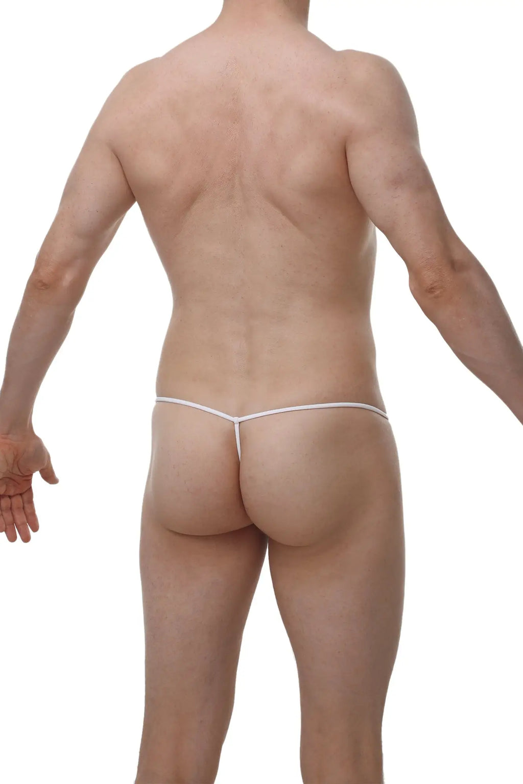 White thong with thin seamless fabric straps back view from PetitQ G-string Cocksak new denim collection