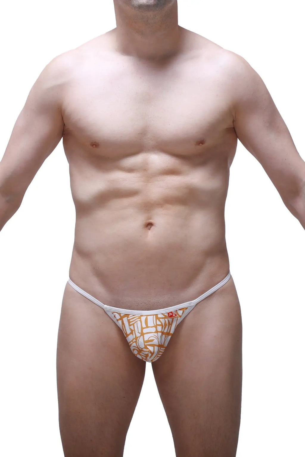 White thong g-string with orange geometric pattern and small red logo on the side from PetitQ Herat Carlot Alloy collection