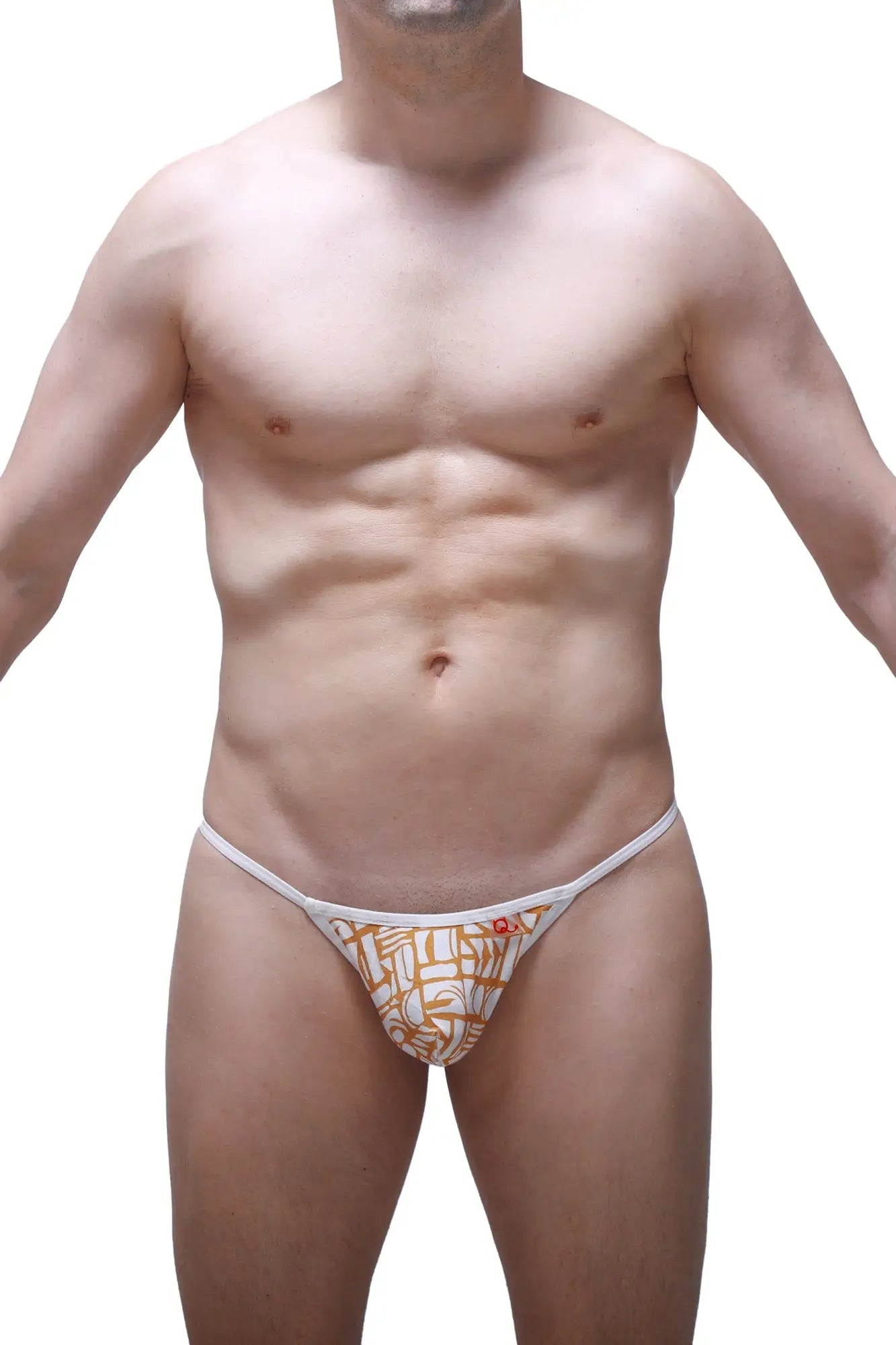White thong g-string with orange geometric pattern and small red logo on the side from PetitQ Herat Carlot Alloy collection