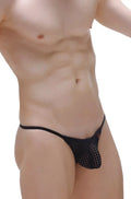 PetitQ G-String Herat Durtol black mesh thong with thin waistband and small red logo on the front