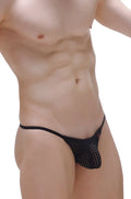 PetitQ G-String Herat Durtol black mesh thong with thin waistband and small red logo on the front