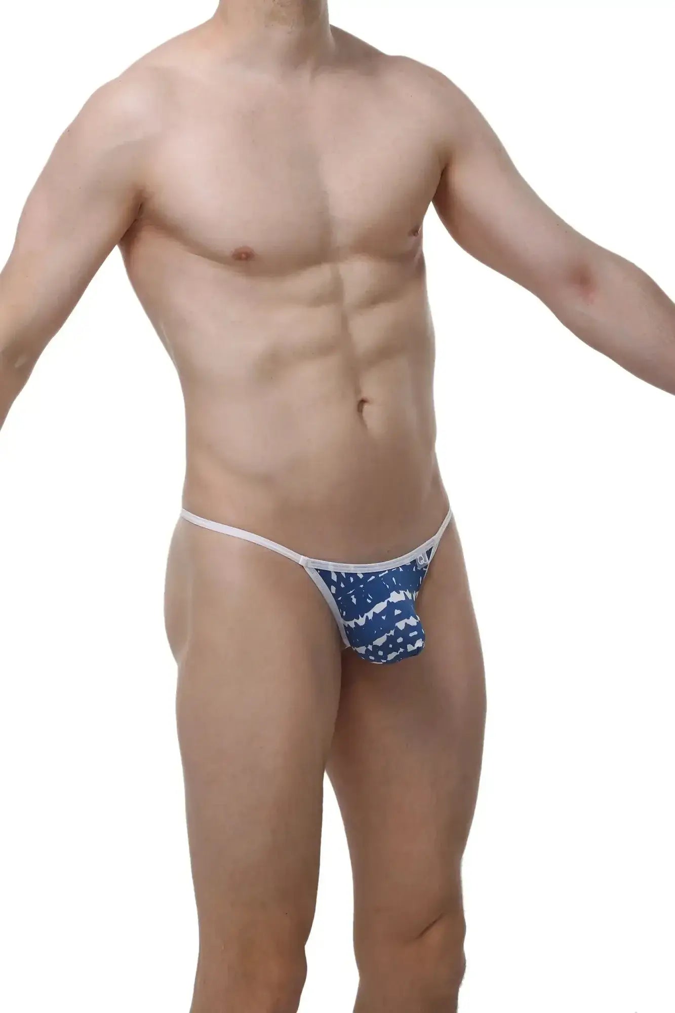 Petitq g-string herat new denim blue and white patterned thong with thin matching waistband front view