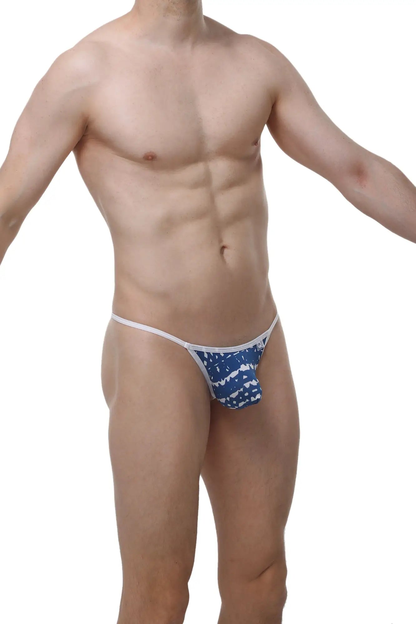 Petitq g-string herat new denim blue and white patterned thong with thin matching waistband front view