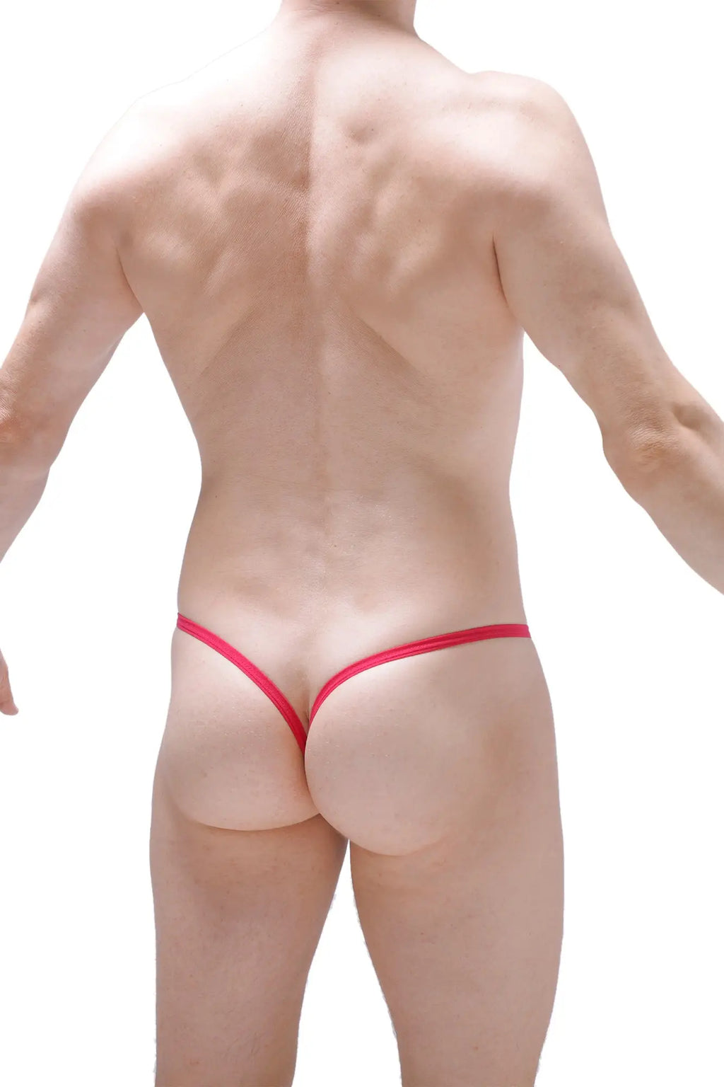 Petitq g-string joeuf net in fuchsia with a red thong and thin elastic band shown from the back side