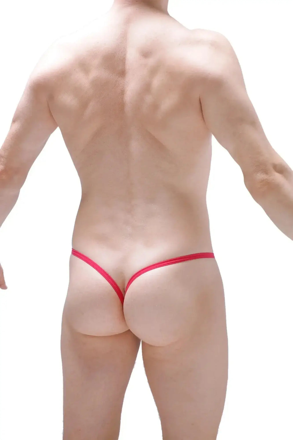 Petitq g-string joeuf net in fuchsia with a red thong and thin elastic band shown from the back side