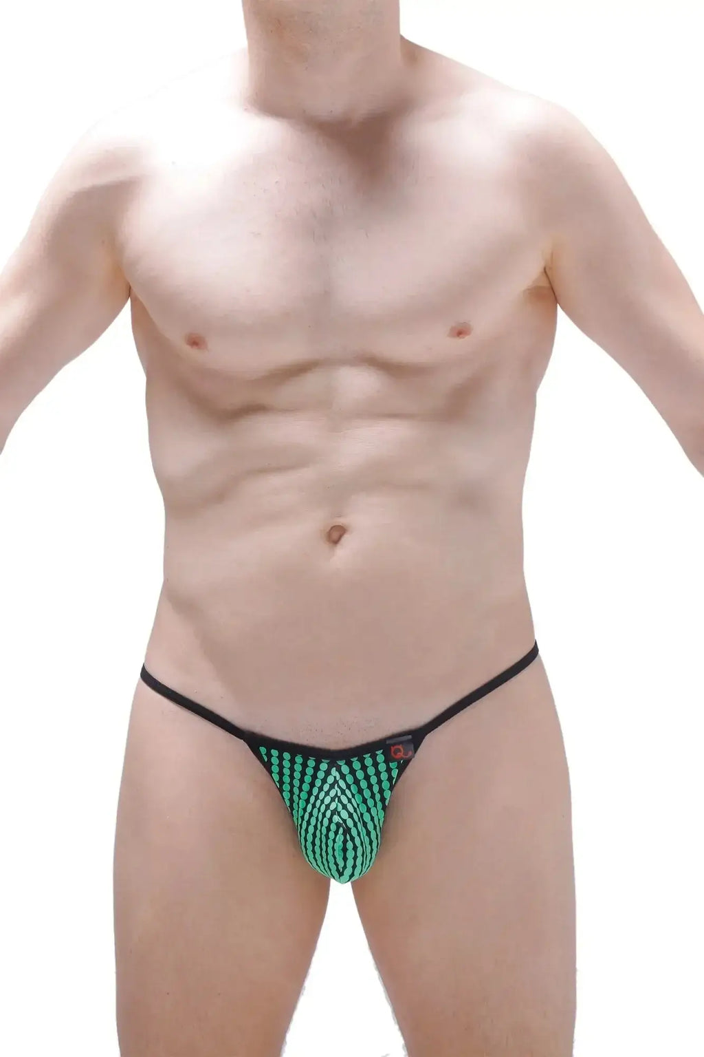 Green patterned thong with black trim by petitq g-string lahitte ascou showing front detail