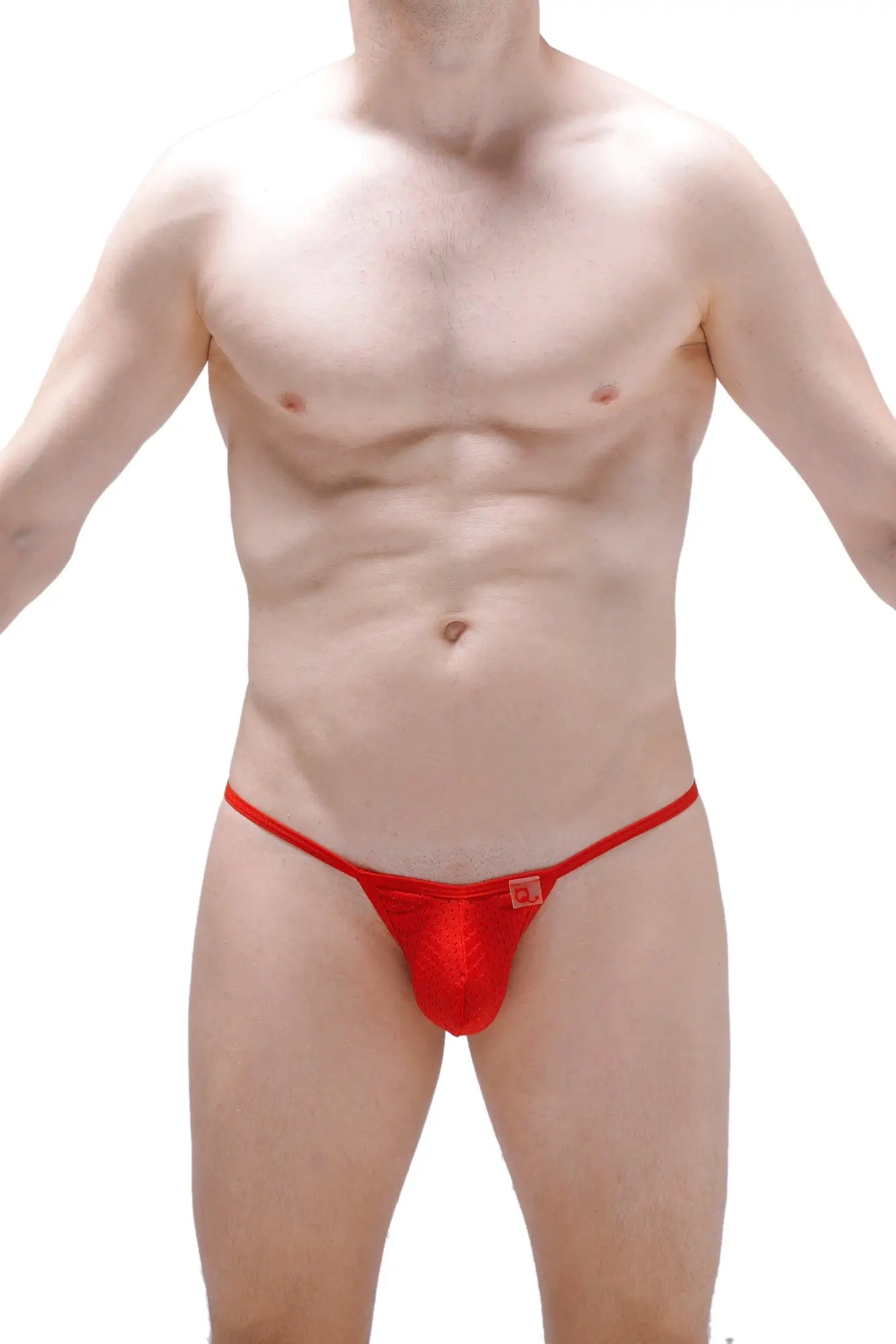Red lace thong PetitQ G-string Lahitte Bee with small square logo on front showcasing delicate lace detail