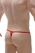Back view of petitq g-string lahitte net red thong with thin smooth fabric waistband and back strap