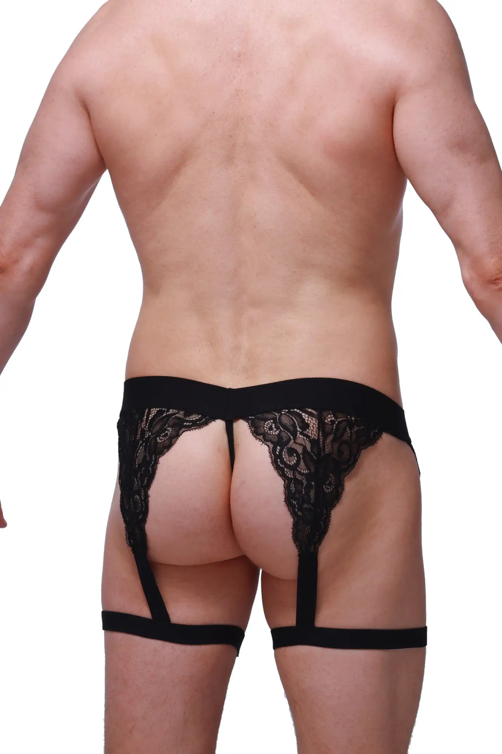 Black lace garter belt with intricate floral patterns and matching straps from petitq g string lurris black collection
