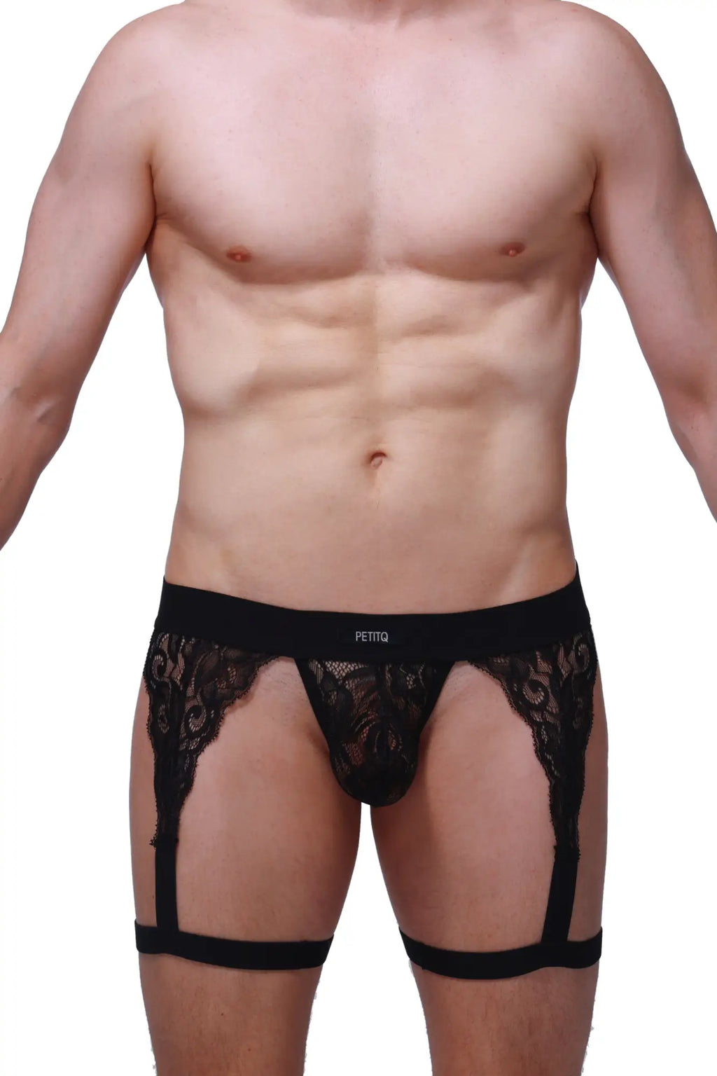 Black lace mens garter belt with central pouch and adjustable straps featuring pettiq logo on waistband in black