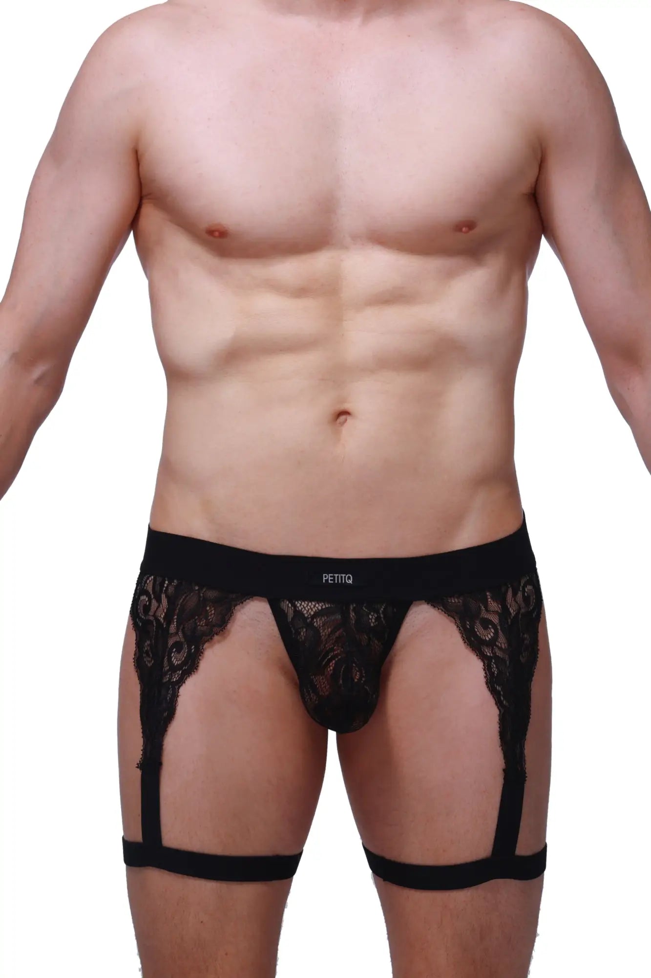 Black lace mens garter belt with central pouch and adjustable straps featuring pettiq logo on waistband in black