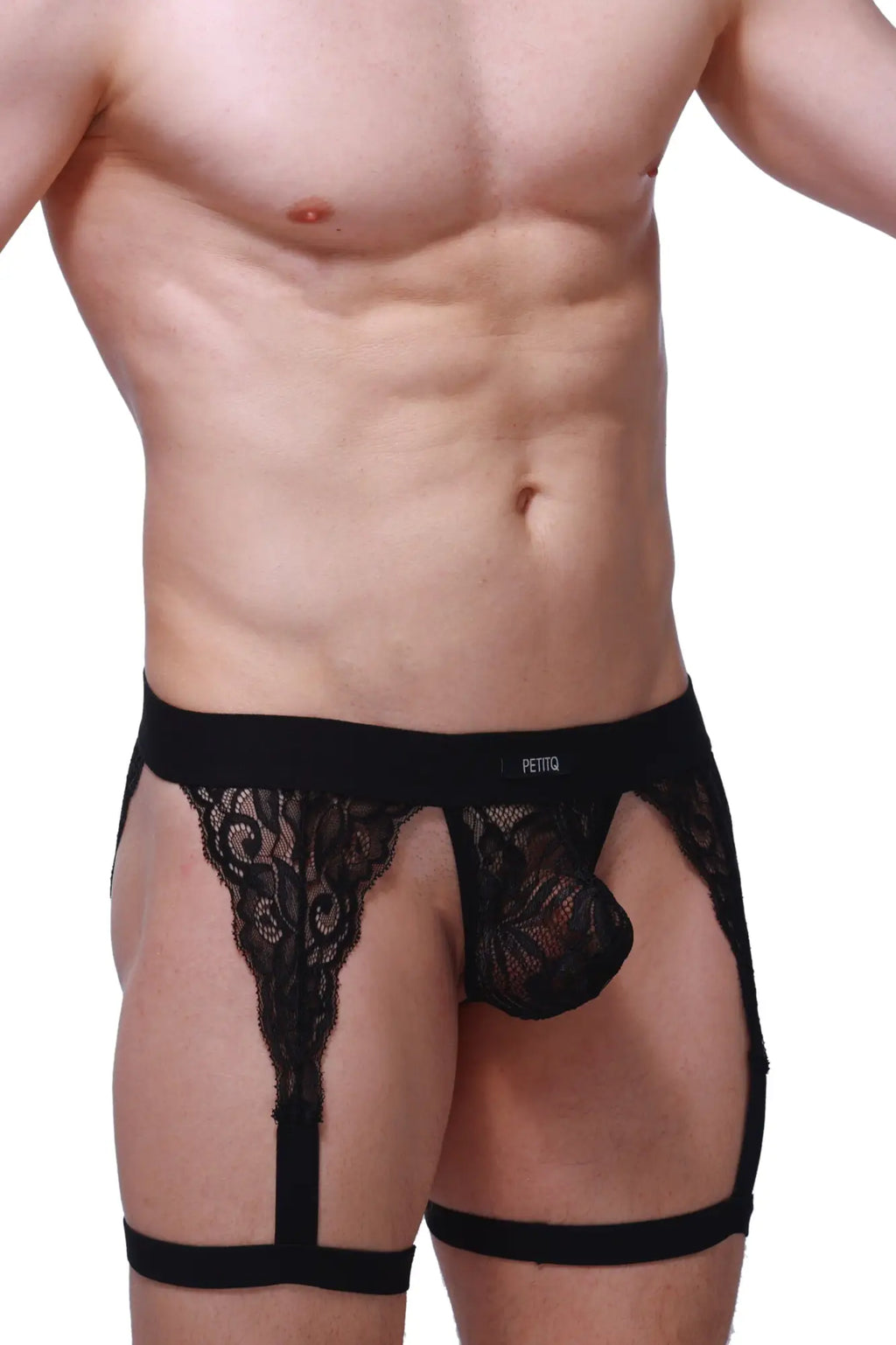 Petitq g-string lurris black black lace men’s lingerie sheer patterned design with supportive straps front view
