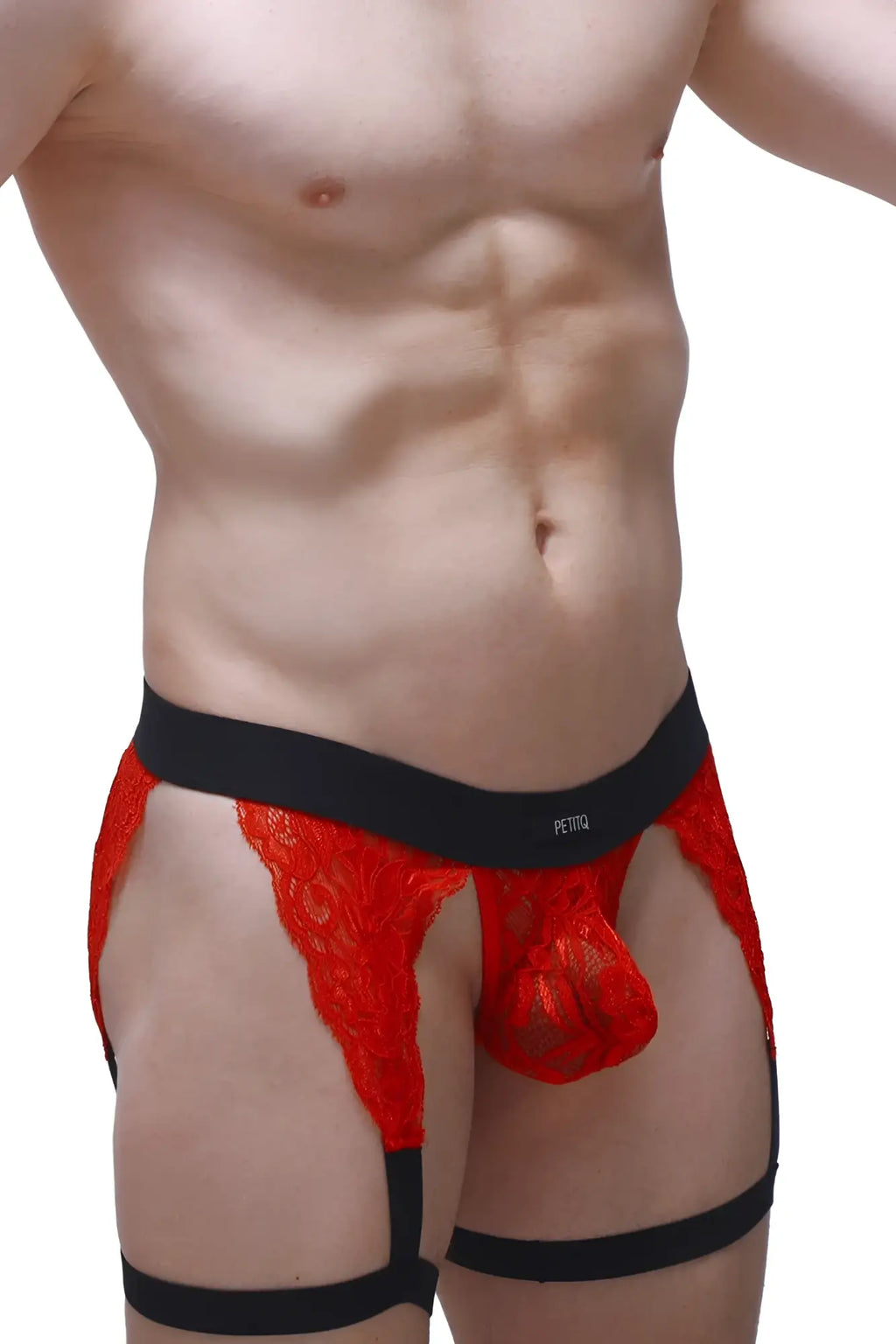 Red lace men’s g-string underwear with black elastic waistband and leg straps featuring petitQ label