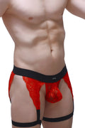 Red lace men’s g-string underwear with black elastic waistband and leg straps featuring petitQ label
