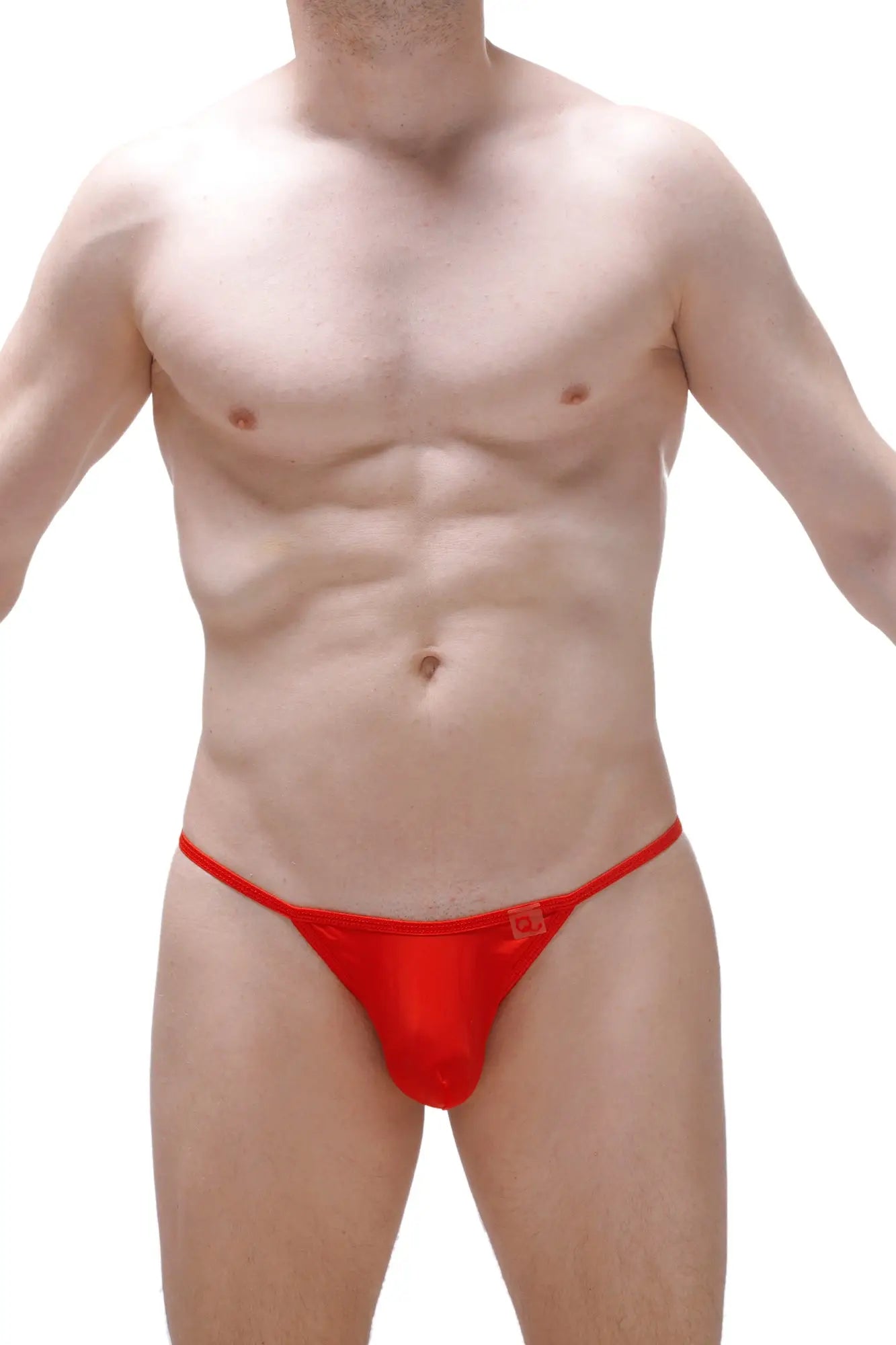 Red satin petitq g-string with metal heart logo on the side showing the back side of the thong