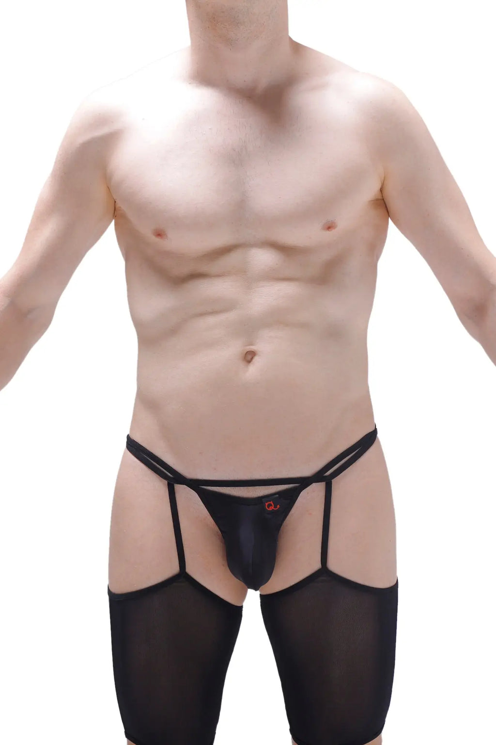 Black mesh garter belt with central pouch and adjustable straps from petitq g-string moulin rouge petitq black collection