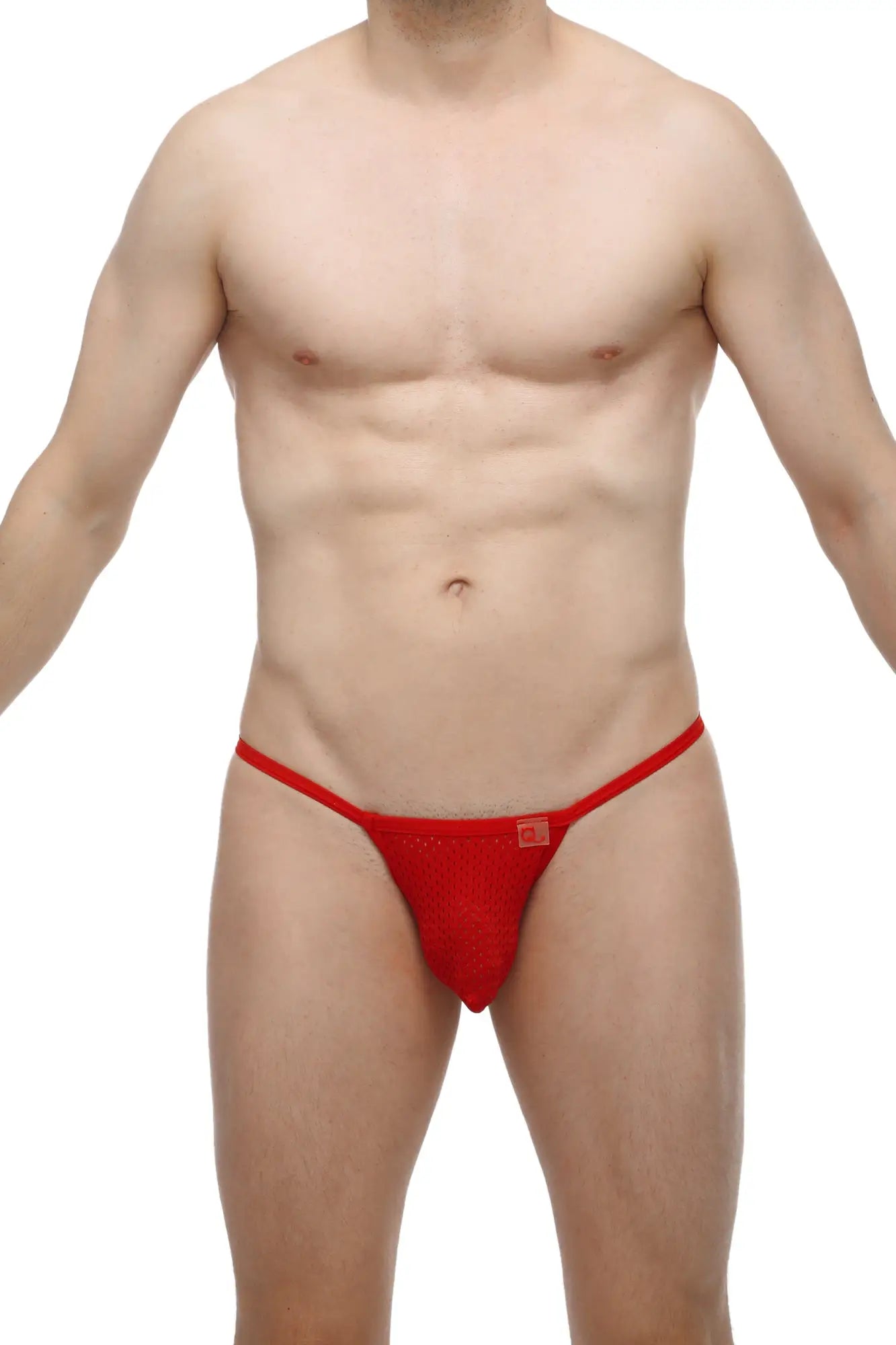 Red mesh thong PetitQ G-string Pearl Bee red with small rectangular logo on the front