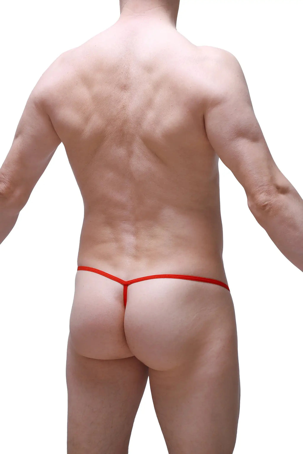 Red petitq g-string thong with thin seamless fabric band and silicone ring shown from the back side