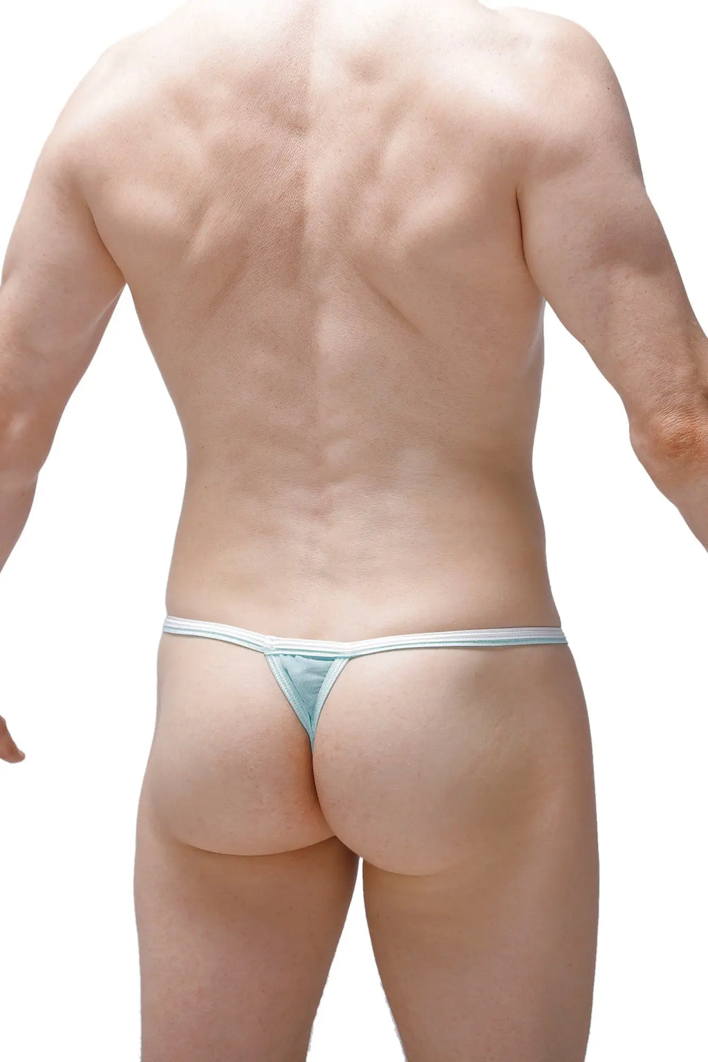 Light blue thong with thin matching waistband shown from back in petitq g-string roppe net green style