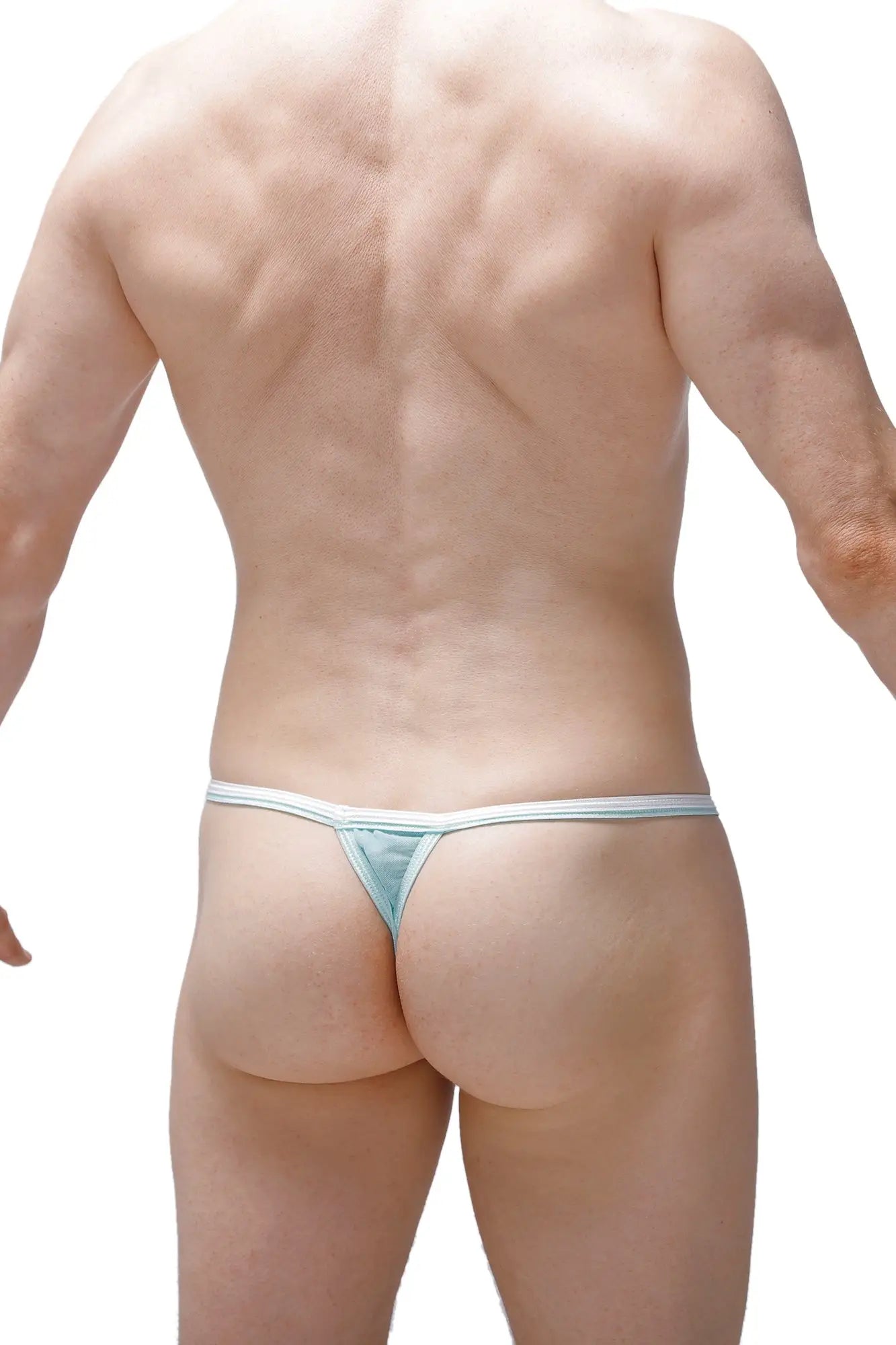 Light blue thong with thin matching waistband shown from back in petitq g-string roppe net green style