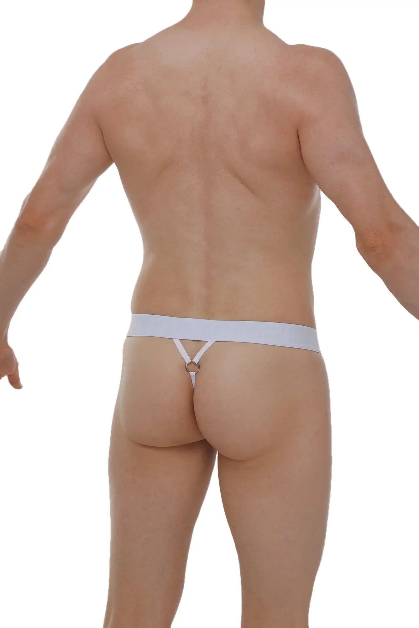 Back view of petitq g-string saleon rib white thong with thin waistband and small metal ring in ribbed fabric