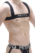 Black petitq harness ancille athletic supporter with white lettering and subtle silver stitching on black fabric
