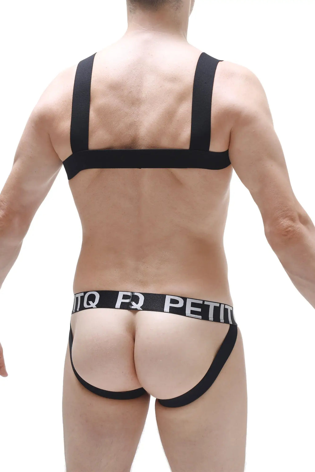 Black elastic briefs with white pq petit branding on the waistband from petitq harness ancille black collection
