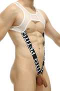 White mesh men’s underwear with black petitq branded straps featuring a harness cockring design shown from the back