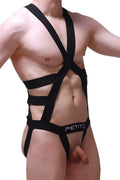 Black petitq jock harness champol bodysuit with crisscross straps and cutout design in harness style