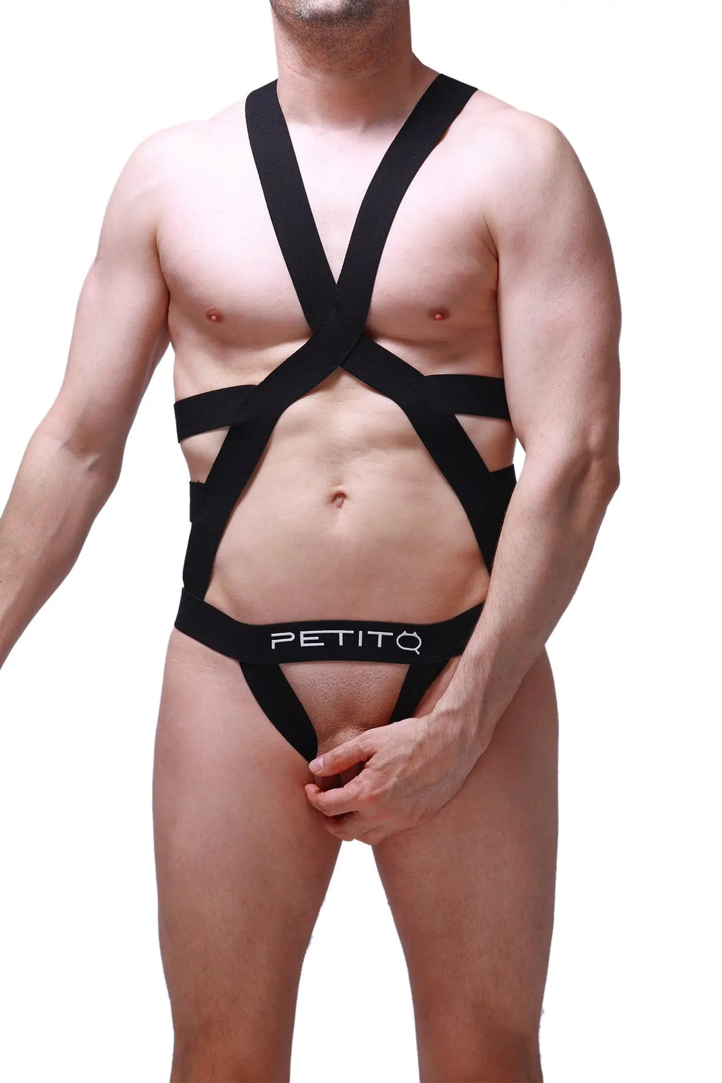 Black petitq jock harness champol harness-style bodysuit with crisscross straps and waistband shown from back side