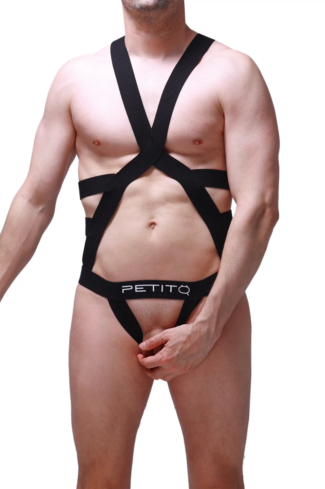 Black petitq jock harness champol harness-style bodysuit with crisscross straps and waistband shown from back side