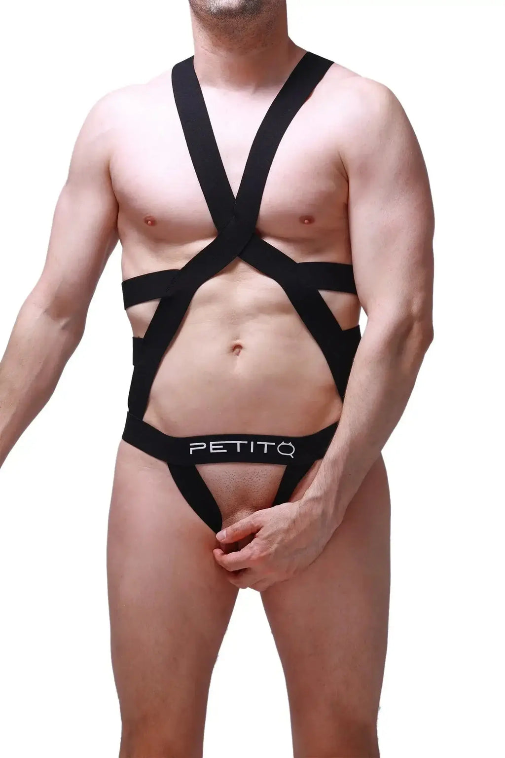 Black petitq jock harness champol harness-style bodysuit with crisscross straps and waistband shown from back side