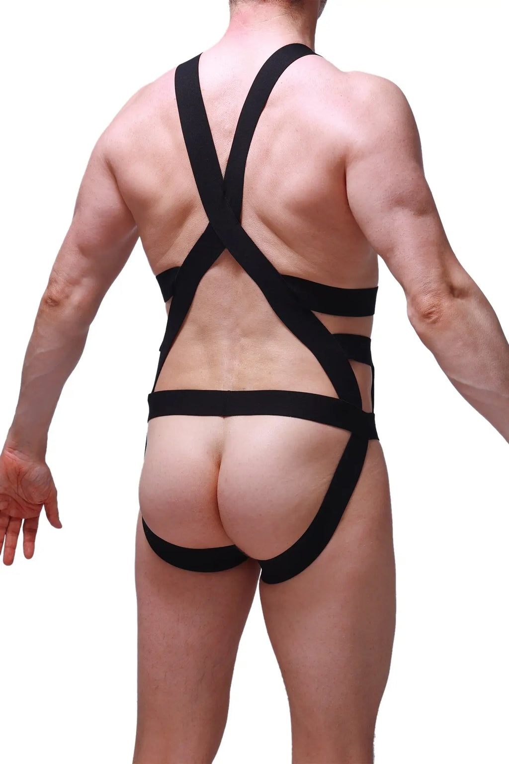 Black petitq jock harness champol bodysuit with form-fitting design crisscross straps and back cutout detail
